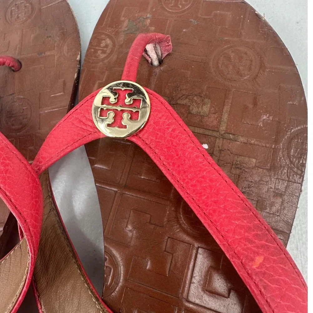 Tory Burch Thora Red Leather Logo Thong Flip Flop Sandals Women's 8M 35055